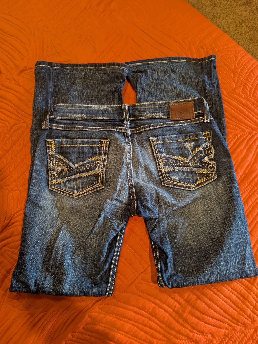 Women's Dark Blue Boot-Cut Jeans with Embellished Back Pockets